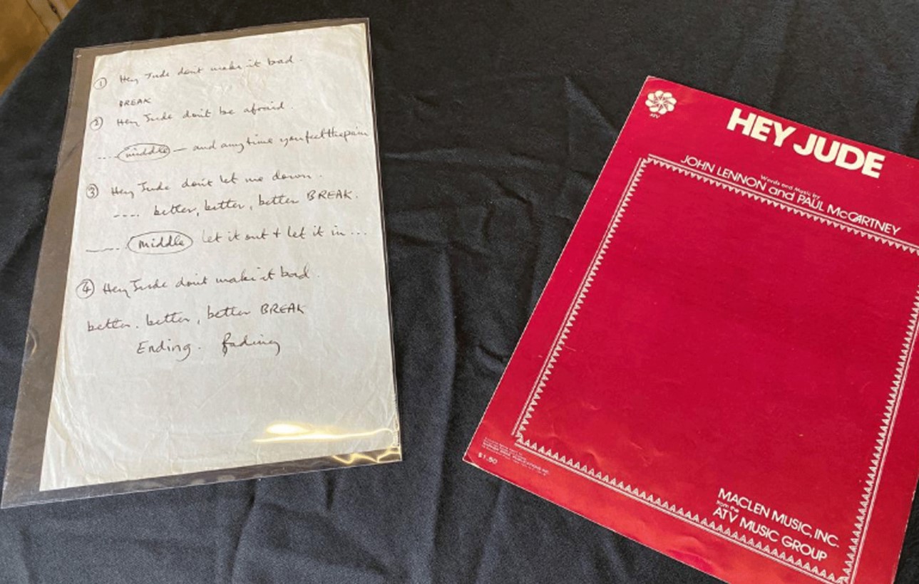 You are currently viewing The Beatles’ handwritten ‘Hey Jude’ lyrics sell for $910,000 at auction