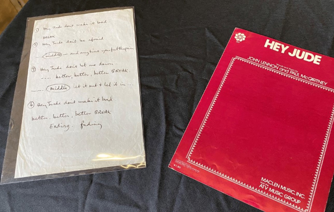 Read more about the article The Beatles’ handwritten ‘Hey Jude’ lyrics sell for $910,000 at auction